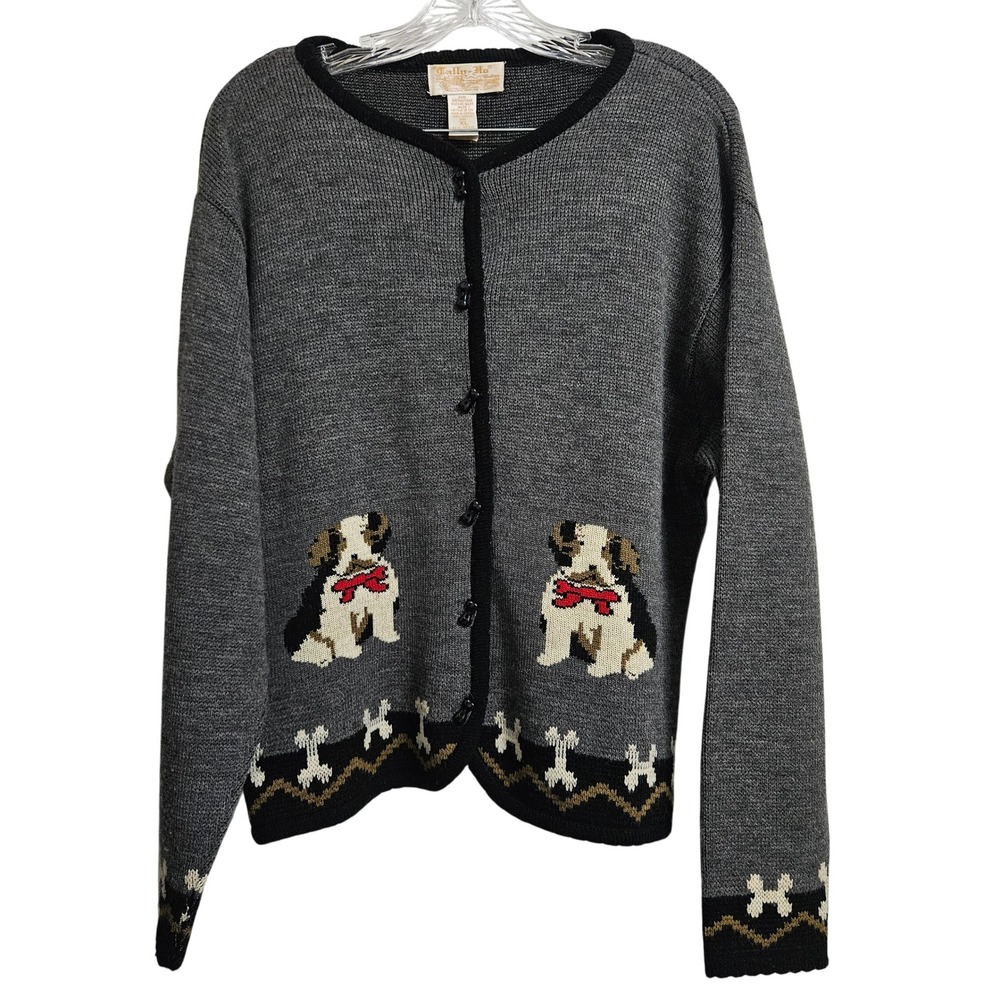VTG Tally-Ho Cardigan Women XL Grey Dog Puppy Novelty Bone Buttons Intarsia Knit